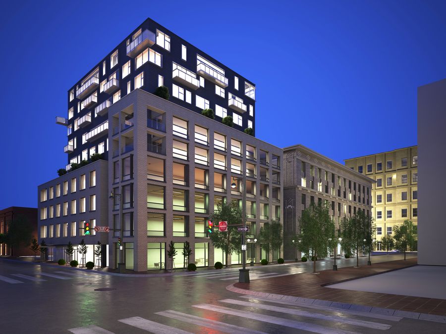 Mixed-use tower at night