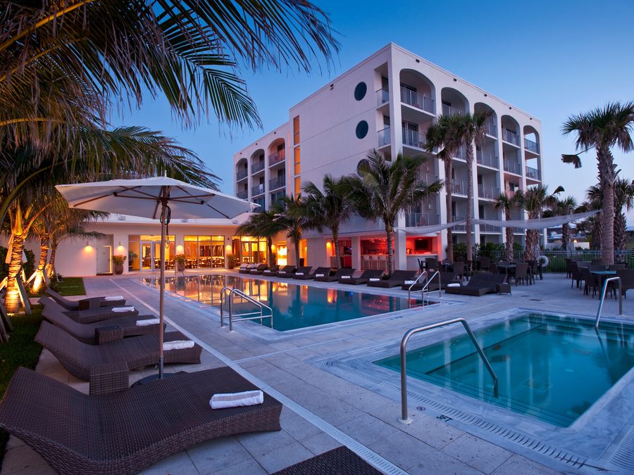 Hotel pool deck at dusk
